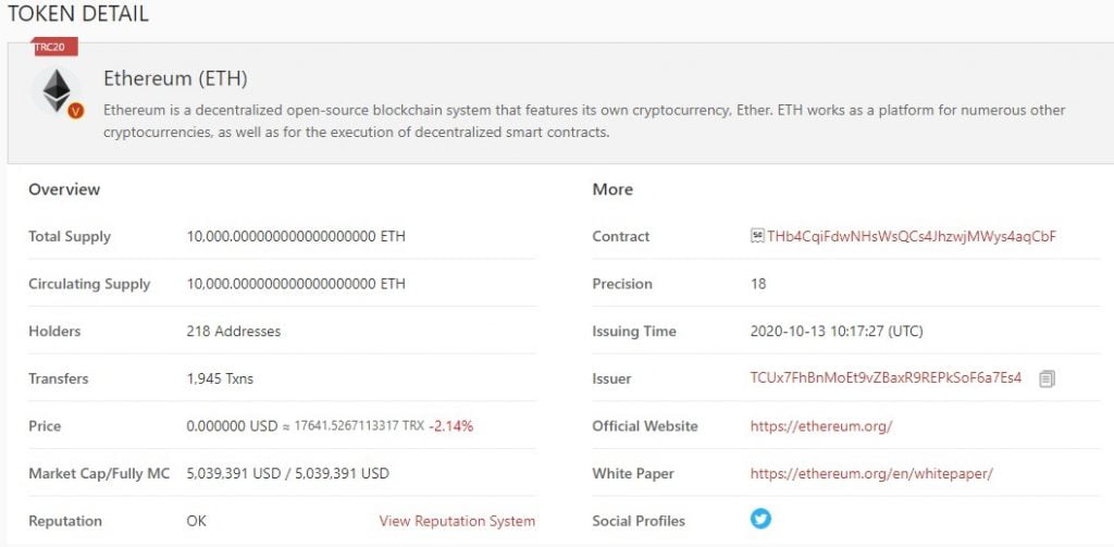 Ethereum is now a Wrapped Token on the Tron (TRX) Network 5
